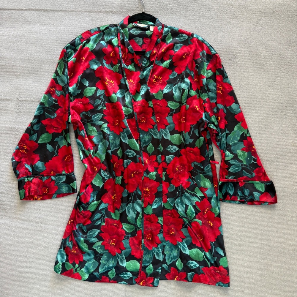 Vintage Womens Victorias Secret Floral Satin Robe Kimono OS 90s Gold Label Retro